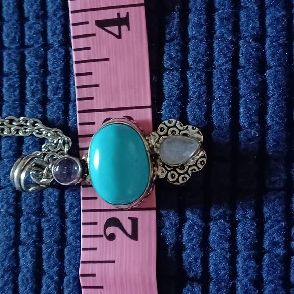 Womens/Teen Necklace Silver Tone with Faux Turquoise & Moonstone 16" - Picture 5 of 6